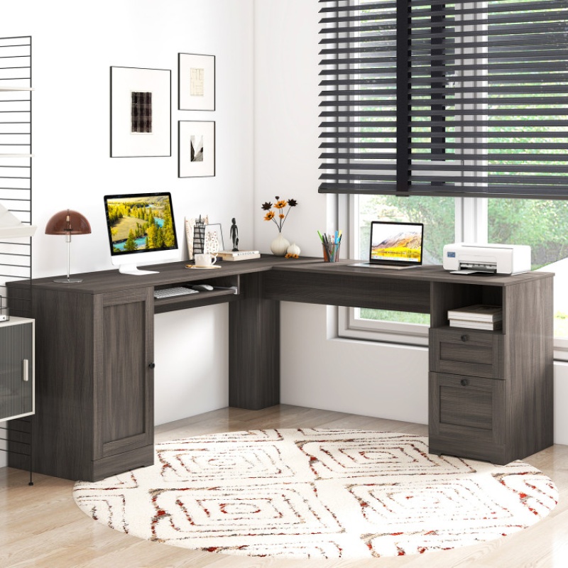 66 Inch L-Shaped Computer Desk With Power Outlets-Dark Gray