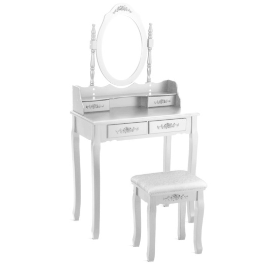Wood Vanity Table Set with Oval Mirror and 4 Drawers for Kids, Girls, and Women - White