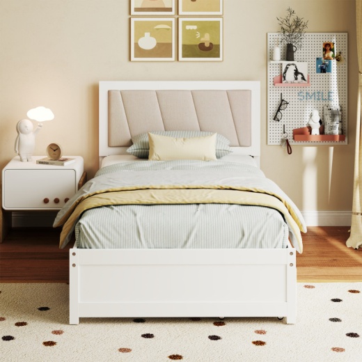 Solid Wood Structure Bed Frame With 2 Drawers Upholstered Headboard-Twin Size