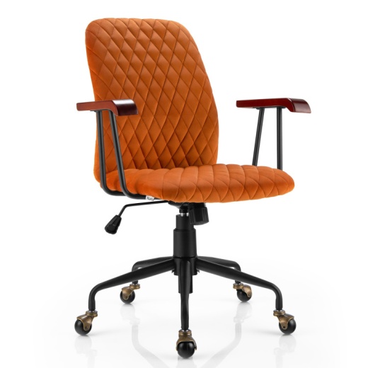 Velvet Home Office Chair With Wooden Armrest Orange