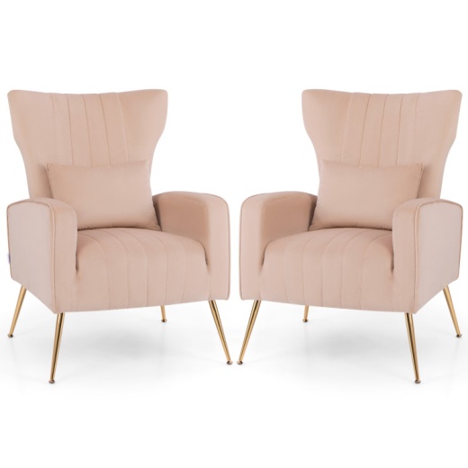Velvet Upholstered Wingback Chair With Lumbar Pillow And Golden Metal Legs-Pink
