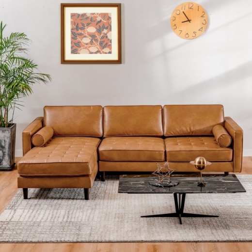 105 Feet Air Leather L-Shaped Sectional Sofa With Chaise Lounge And 2 Bolster Pillows