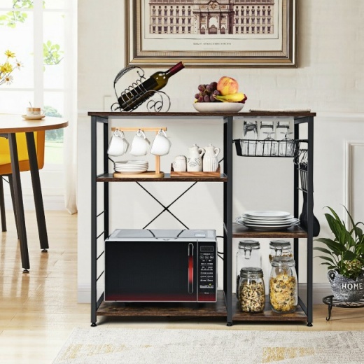 Industrial Kitchen Baker's Rack Microwave Shelf With 6 Hooks