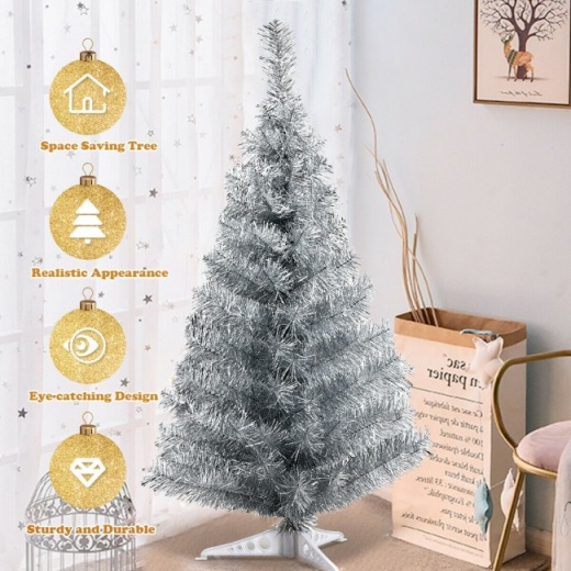 6 FT Silver Tinsel Christmas Tree Artificial Hinged Tree Holiday