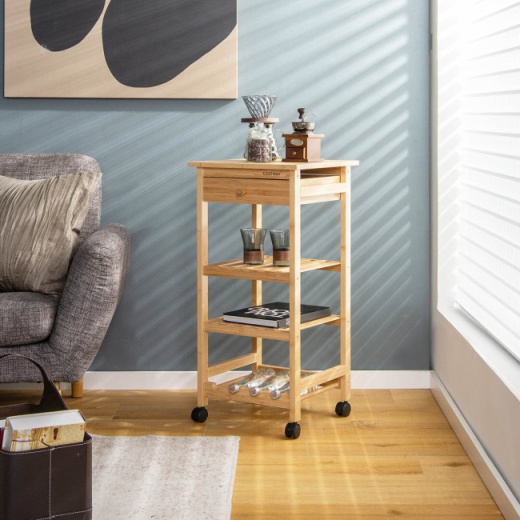 Bamboo Rolling Kitchen Trolley Cart with Drawer and Wine Rack