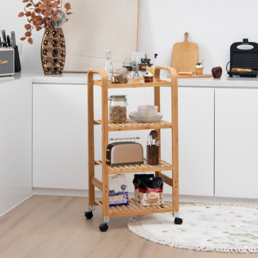 4-Tier Bamboo Mobile Kitchen Serving Trolley Cart with Storage Shelf and Lockable Casters