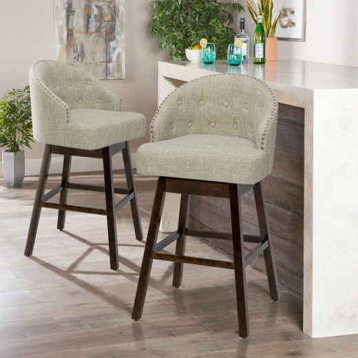 Set Of 2 Swivel Bar Stools - Tufted Bar Height Pub Chairs with Rubber Wood Legs