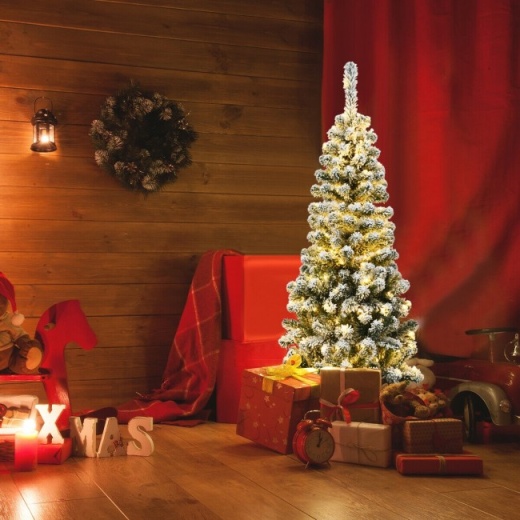 4.5 Feet Pre-Lit Snow Flocked Pencil Christmas Tree With 150 Led Light
