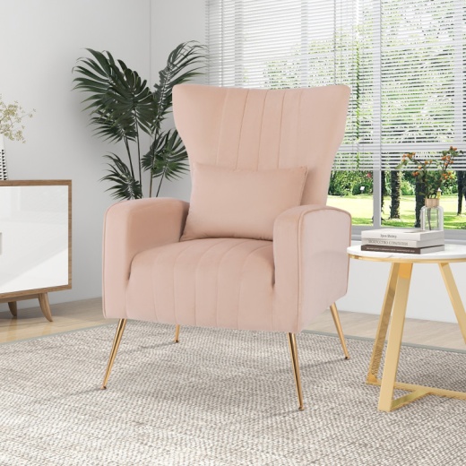 Velvet Upholstered Wingback Chair With Lumbar Pillow And Golden Metal Legs-Pink