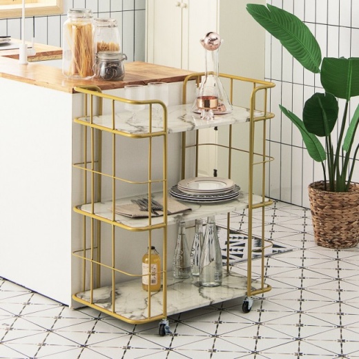 Gold Rolling Bar Cart With Sturdy Steel Frame