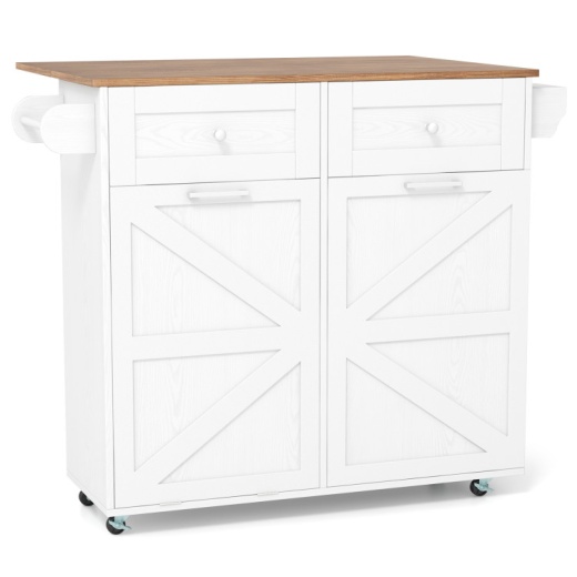 Rolling Kitchen Island With Trash Can Cabinet And Rubber Universal Wheels-White