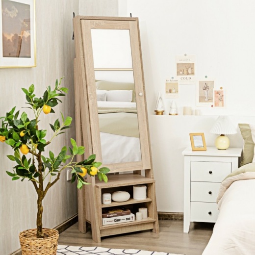 2-In-1 Wooden Cosmetics Storage Cabinet with Full-Length Mirror and Bottom Rack