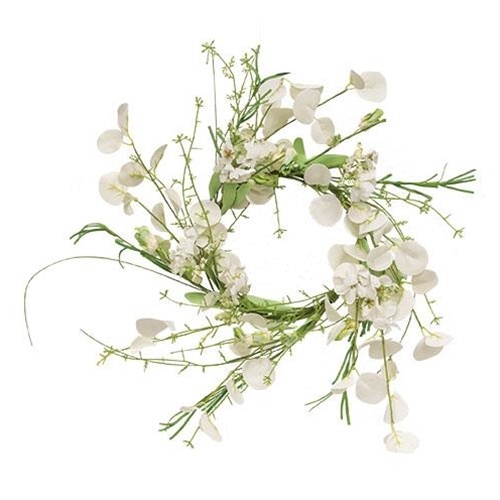 White Wild Flowers And Silver Dollar Wreath, 14"