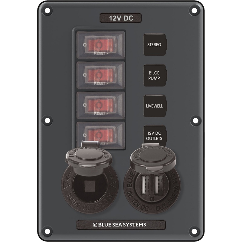 Blue Sea 4321 Circuit Breaker Switch Panel 4 Position - Gray W/12V Socket & Dual Usb