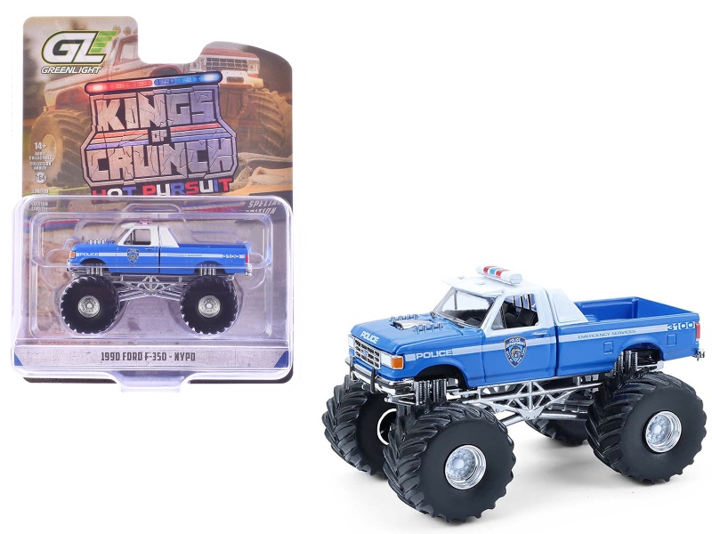1990 Ford F-350 Monster Truck "Nypd (New York Police Department)" Blue With White Top "Kings Of Crunch - Hot Pursuit" Special Edition 1/64 Diecast Model Car By Greenlight