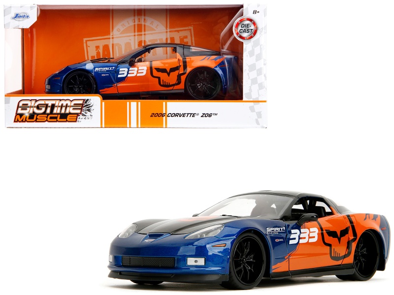 2006 Chevrolet Corvette Z06 #333 "Spirit Racing" Blue Metallic And Orange With Black Hood And Top "Bigtime Muscle" Series 1/24 Diecast Model Car By Jada