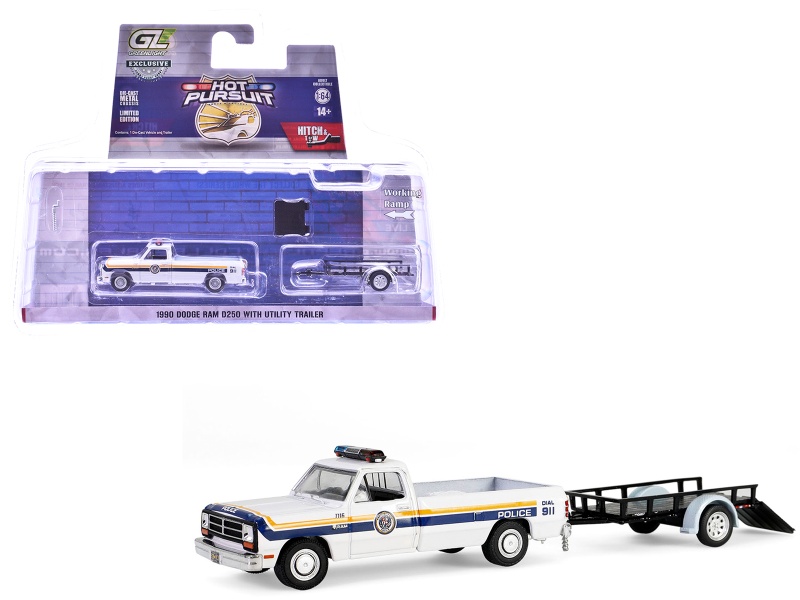 1990 Dodge Ram D250 Pickup Truck "Philadelphia Pa Police Department" White With Stripes And Utility Trailer "Hot Pursuit Hitch & Tow" Series 1 1/64 Diecast Model Cars By Greenlight