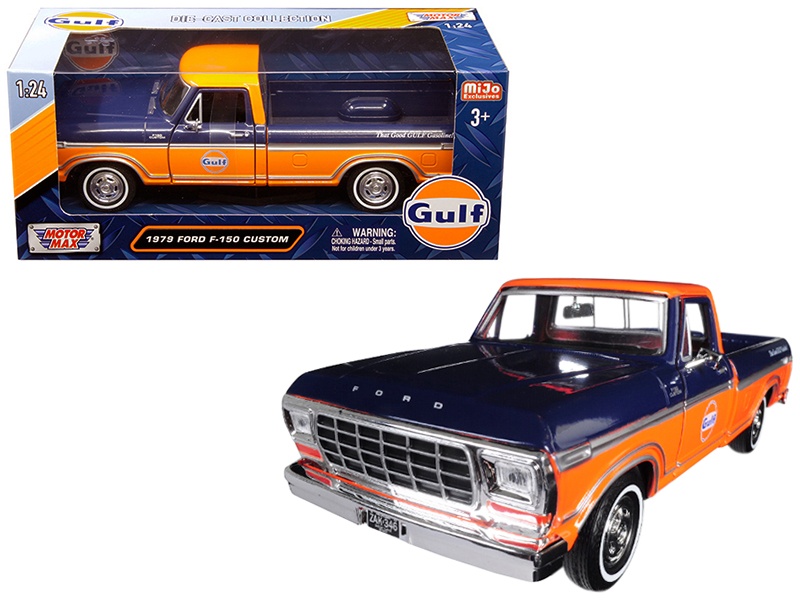 1979 Ford F-150 Custom Pickup Truck "Gulf" Dark Blue And Orange 1/24 Diecast Model Car By Motormax