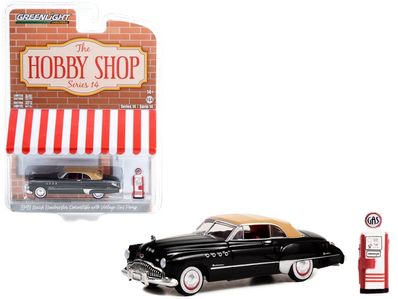 1949 Buick Roadmaster Convertible Black With Tan Soft Top And Vintage Gas Pump "The Hobby Shop" Series 14 1/64 Diecast Model Car By Greenlight