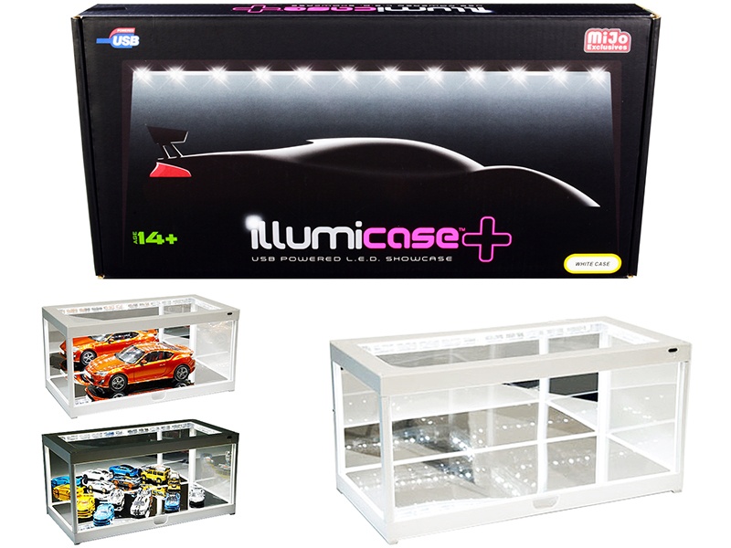 White Collectible Display Show Case Illumicase+ With Led Lights And Mirror Base And Back For 1/64 1/43 1/32 1/24 1/18 Scale Models By Illumibox