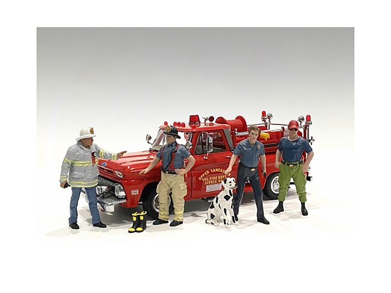 "Firefighters" 6 Piece Figure Set (4 Males 1 Dog 1 Accessory) For 1/24 Scale Models By American Diorama