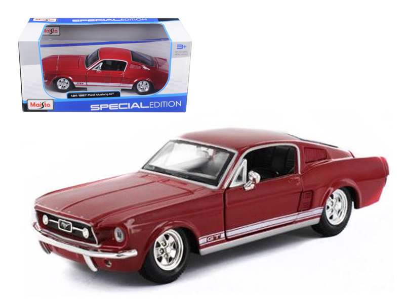 1967 Ford Mustang Gt Red With White Stripes 1/24 Diecast Model Car By Maisto