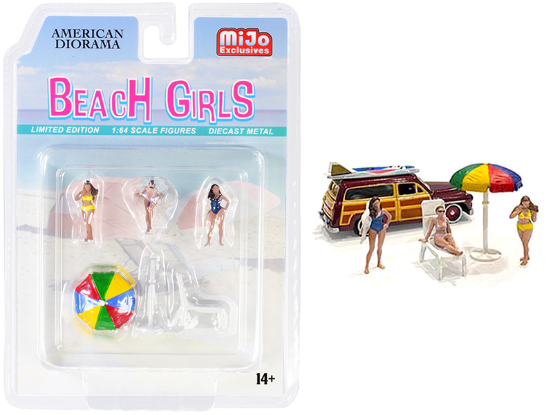 "Beach Girls" 5 Piece Diecast Set (3 Figurines 1 Beach Chaise And 1 Beach Umbrella) For 1/64 Scale Models By American Diorama