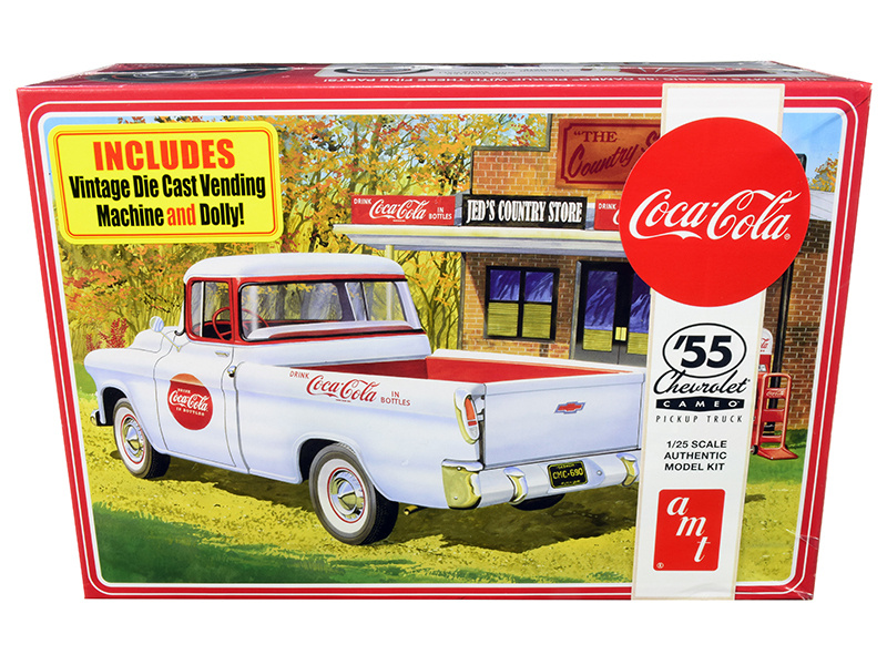 Skill 3 Model Kit 1955 Chevrolet Cameo Pickup Truck "Coca-Cola" With Vintage Vending Machine And Dolly 1/25 Scale Model By Amt