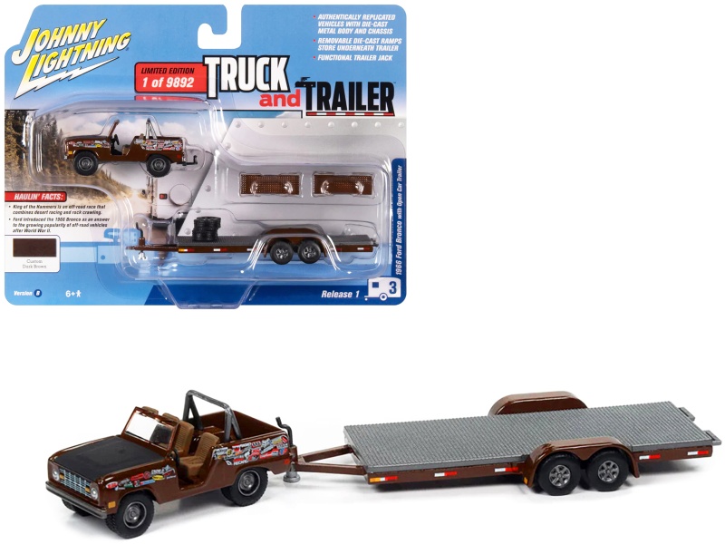 1966 Ford Bronco Dark Brown With Black Hood And Graphics With Open Trailer Limited Edition To 9892 Pieces Worldwide "Truck And Trailer" Series 1/64 Diecast Model Car By Johnny Lightning