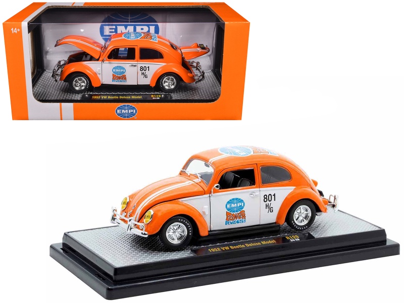 1952 Volkswagen Beetle Deluxe Model "Empi Power Rules" Orange And White With Graphics Limited Edition To 6650 Pieces Worldwide 1/24 Diecast Model Car By M2 Machines