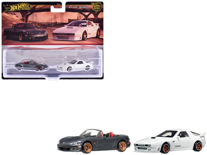 Mazda Mazdaspeed Miata Gray Metallic and RX7 FC Pandem White Diecast Model Cars Set