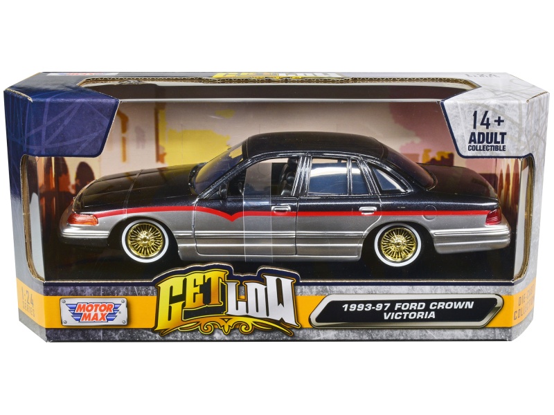 1993-1997 Ford Crown Victoria Lowrider Black Metallic And Silver With Red Stripes "Get Low" Series 1/24 Diecast Model Car By Motormax