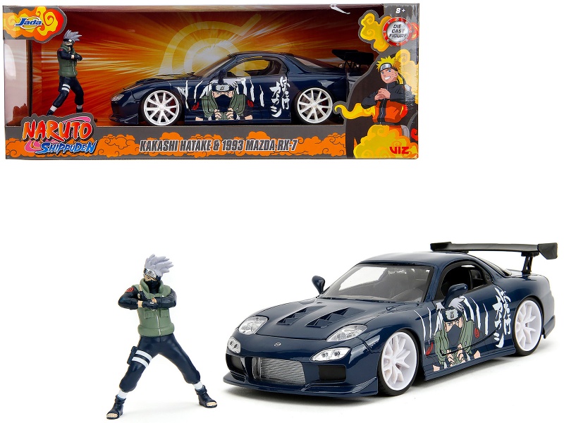1993 Mazda RX-7 Dark Blue with Graphics and Kakashi Hatake Diecast Figure - Anime Hollywood Rides Series