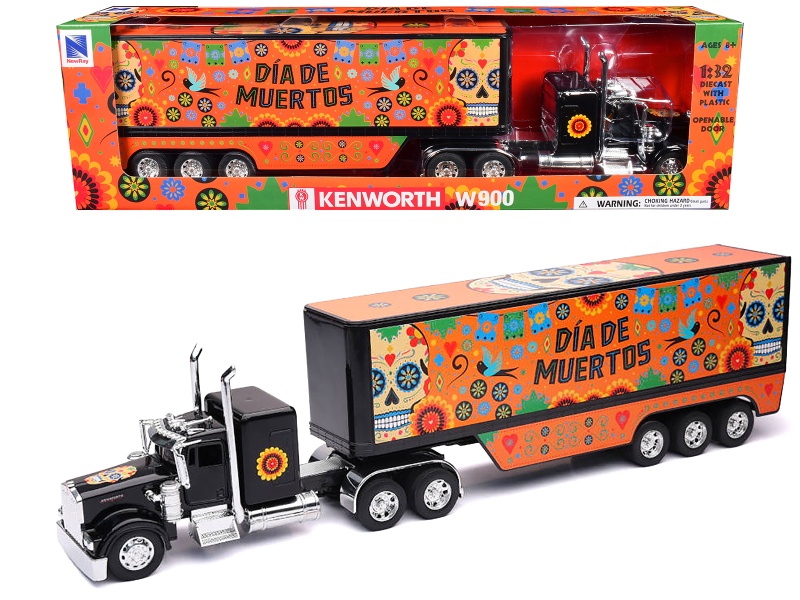 Kenworth W900 Truck Black With Graphics And Dry Van Trailer "Dia De Muertos" 1/32 Diecast Model By New Ray