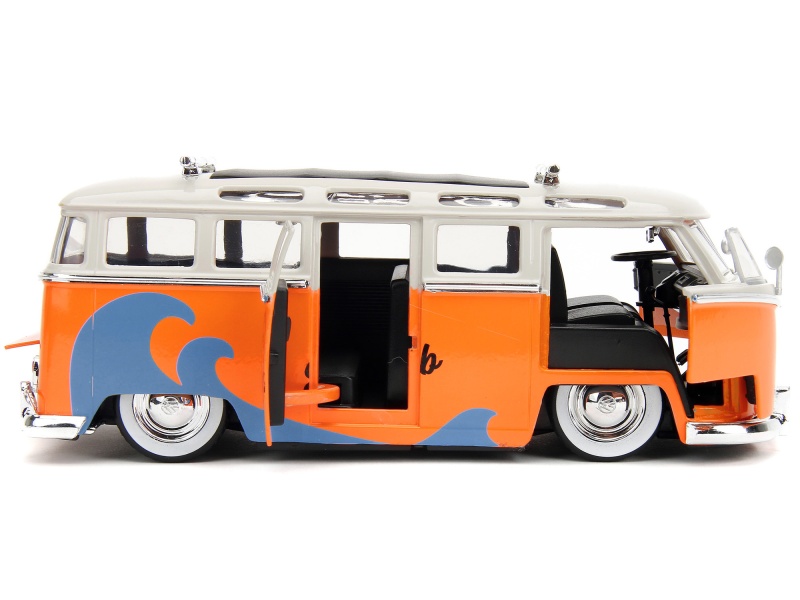 1962 Volkswagen Bus "Santa Monica Surf Club" Orange And White With Graphics With Roof Rack And Surfboard "Punch Buggy" Series 1/24 Diecast Model Car By Jada
