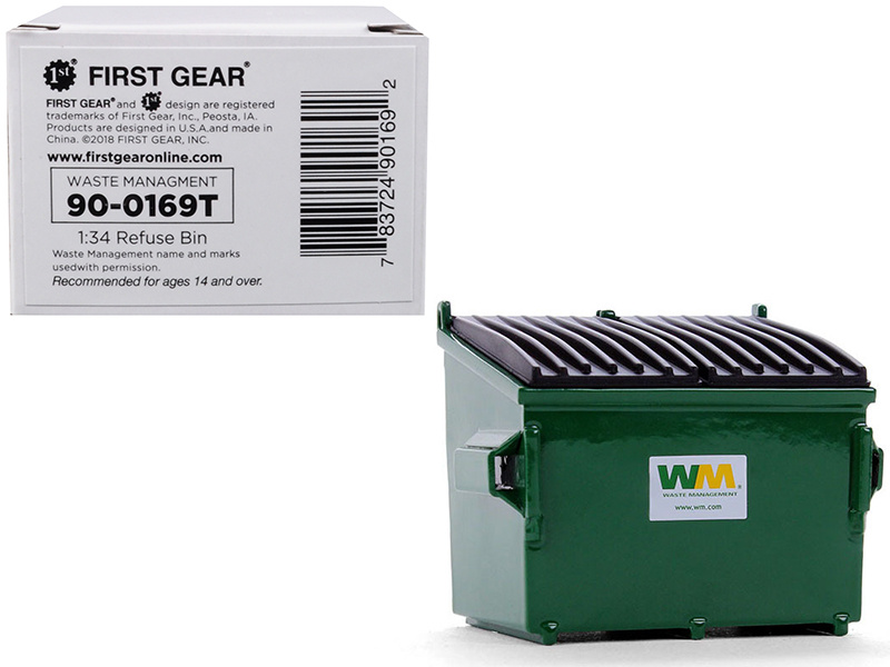 Refuse Trash Bin "Waste Management" Green 1/34 Diecast Model By First Gear