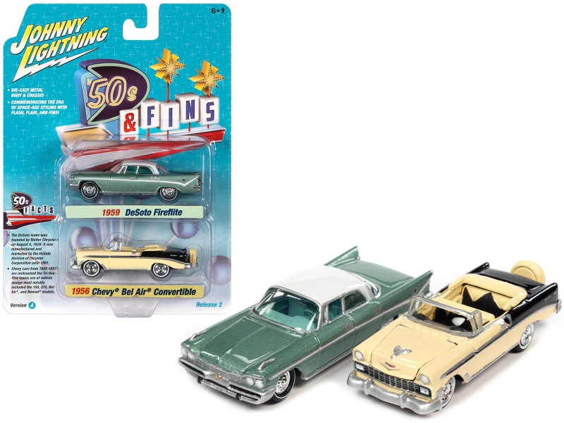 1959 Desoto Fireflite Surf Green Metallic With White Top And 1956 Chevrolet Bel Air Convertible Crocus Yellow And Black "'50S & Fins" Series Set Of 2 Cars 1/64 Diecast Model Cars By Johnny Lightning