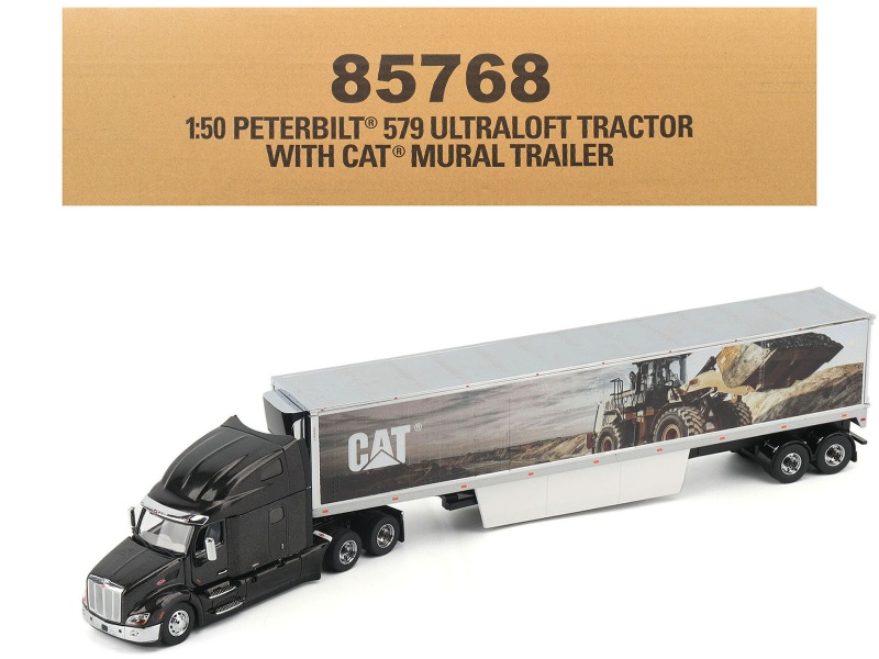 Peterbilt 579 Ultraloft Truck Tractor Black Metallic With "Cat Caterpillar" Mural Trailer "Transport Series" 1/50 Diecast Model By Diecast Masters