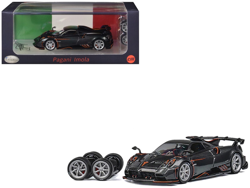 Pagani Imola Dark Gray Metallic With Carbon And Orange Accents With Extra Wheels 1/64 Diecast Model Car By Cm Model