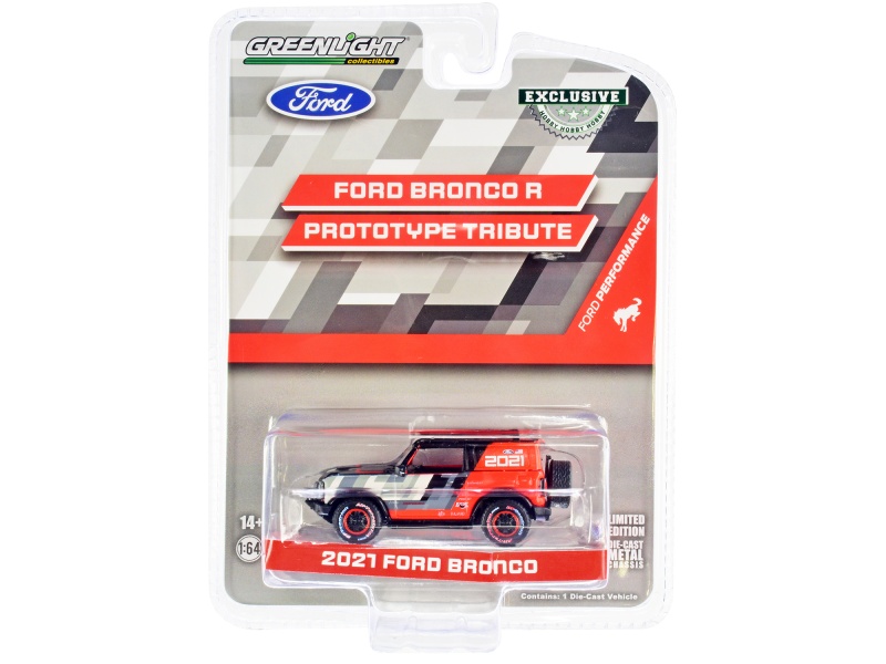 2021 Ford Bronco "Ford Performance Ford Bronco R Prototype Tribute" Edition Black And Orange With Graphics And Roof Rack "Hobby Exclusive" Series 1/64 Diecast Model Car By Greenlight