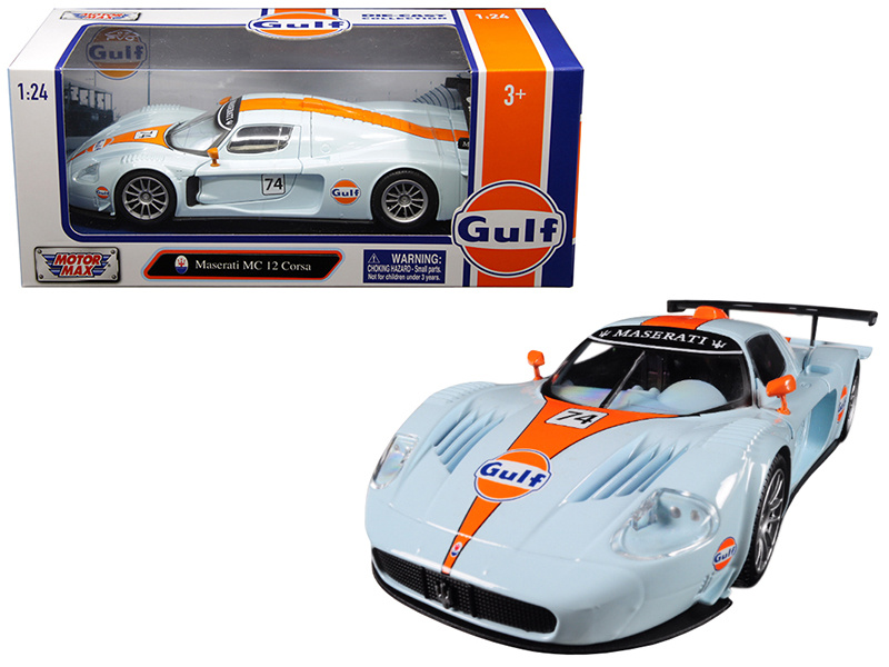 Maserati Mc 12 Corsa #74 With "Gulf" Livery Light Blue With Orange Stripe 1/24 Diecast Model Car By Motormax