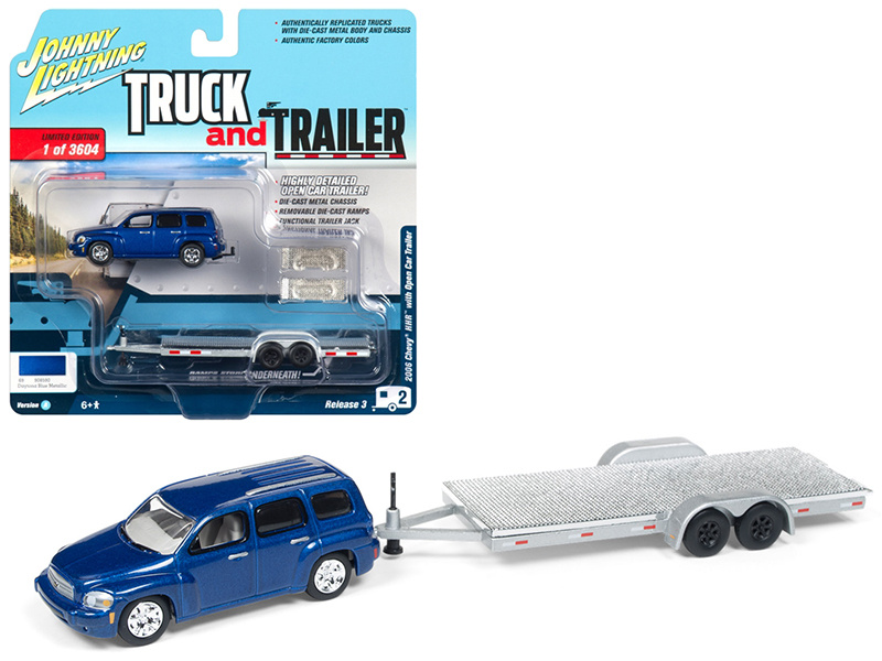 2006 Chevrolet Hhr Daytona Blue With Chrome Open Car Trailer Limited Edition To 3,604 Pieces Worldwide "Truck And Trailer" Series 3 1/64 Diecast Model Car By Johnny Lightning