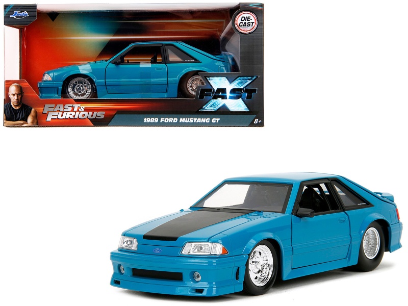 1989 Ford Mustang GT Blue with Black Hood Stripes Diecast Model Car - Jada Fast & Furious Series 1/24