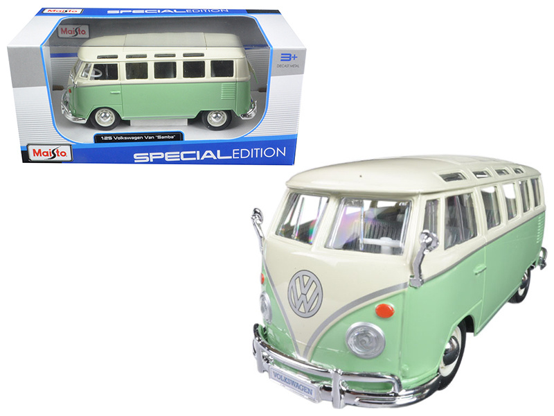 Volkswagen Van Samba Bus Green And Cream 1/25 Diecast Model By Maisto