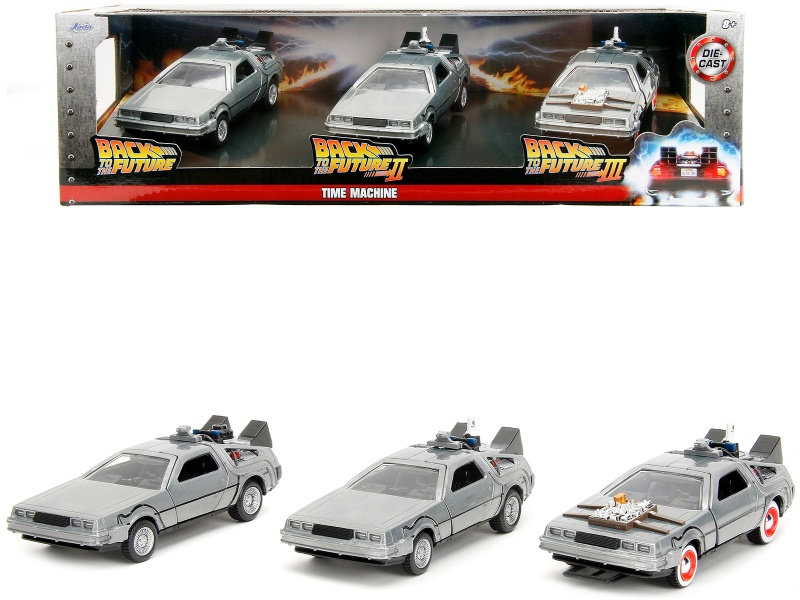 "Back To The Future" Delorean Set Of 3 Pieces "Hollywood Rides" Series 1/32 Diecast Model Car By Jada