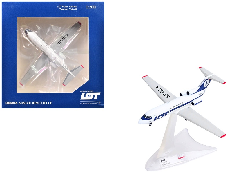 Yakovlev Yak-40 Commercial Aircraft "Lot Polish Airlines" (Sp-Gea) White With Blue Stripes And Tail 1/200 Diecast Model By Herpa