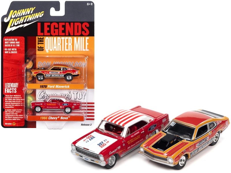 1970 Ford Maverick Red Orange And Black "Dyno" Don Nicholson And 1966 Chevrolet Nova Red And White Bill "Grumpy" Jenkins "Legends Of The Quarter Mile" Series Set Of 2 Cars 1/64 Diecast Model Cars By Johnny Lightning