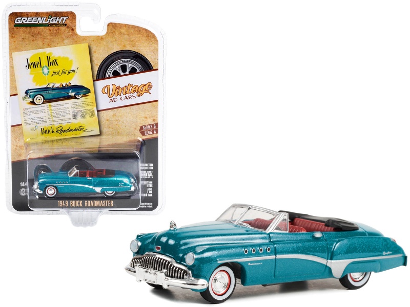 1949 Buick Roadmaster Blue Metallic With Red Interior "Jewel Box Just For You!" "Vintage Ad Cars" Series 8 1/64 Diecast Model Car By Greenlight