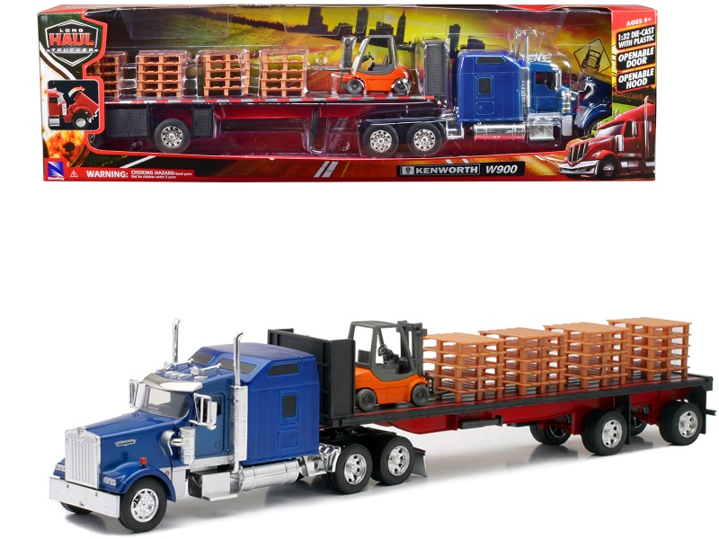 Kenworth W900 Truck With Flatbed Trailer Blue With Forklift And Pallets "Long Haul Truckers" Series 1/32 Diecast Model By New Ray