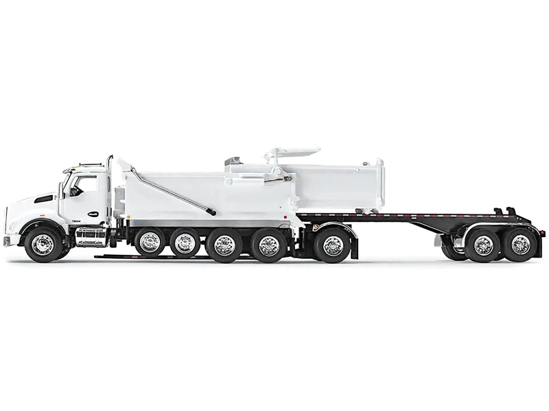 Kenworth T880 Quad-Axle Dump Truck And Rogue Transfer Tandem-Axle Dump Trailer Viper White 1/64 Diecast Model By Dcp/First Gear